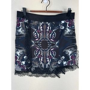 Diesel Black Gold Faux Wrap Mini Skirt Size 40 Printed Lace Trim High Waist RARE